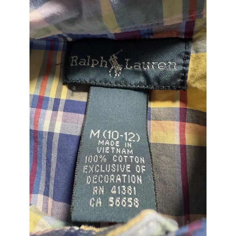 Ralph Lauren Boys M 10-12 Blue Yellow Plaid Button Down Shirt Pony Logo Cotton